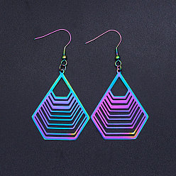 Rainbow Color 201 Stainless Steel Dangle Earrings, Polygon, Rainbow Color, 64x32.5mm, Pin: 0.7mm