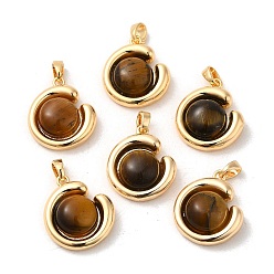 Real 18K Gold Plated Natural Tiger Eye Pendants, Brass Half Round Charms, Real 18K Gold Plated, 19x16x6mm, Hole: 4x3mm