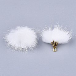 White Faux Mink Fur Tassel Pendant Decorations, with Alloy Findings, Antique Golden, White, 20~30x28~30mm, Hole: 1.8mm