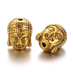 Or Antique Perles de style tibétain, sans cadmium et sans plomb, tête de bouddha, Or antique, 11x9x8mm, Trou: 1.5 mm