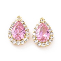 Pink Micro cuivres ouvrent pendentifs zircone cubique, larme, rose, 19x12x7mm, Trou: 1.2mm