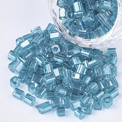 AceroAzul 6/0 perlas de cristal de la semilla, brillo de colores transparentes, agujero cuadrado, cubo, acero azul, 6/0, 3~5x3~4x3~4 mm, agujero: 1.2~1.4 mm, sobre 4500 unidades / bolsa