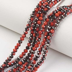 Dark Red Electroplate Opaque Glass Beads Strands, Half Black Plated, Faceted, Rondelle, Dark Red, 2x1.5mm, Hole: 0.4mm, about 195pcs/strand, 11 inch(28cm)