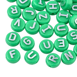 Medium Sea Green Plating Opaque Acrylic Beads, Metal Enlaced, Flat Round with Letter, Medium Sea Green, 10x6mm, Hole: 1.8mm, about 632pcs/200g