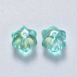 Aquamarine Transparent Spray Painted Glass Beads, with Glitter Powder, Flower, Aquamarine, 10.5x9.5x8mm, Hole: 1mm