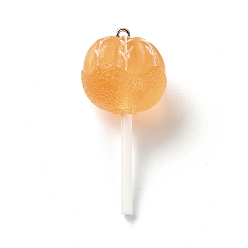 Orange Translucent Resin Imitation Food Pendants, Lollipop Charms with Platinum Tone Iron Loops, Orange, 48~50.5x22.5mm