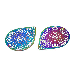 Rainbow Color Ion Plating(IP) 201 Stainless Steel Filigree Pendants, Etched Metal Embellishments, Drop, Rainbow Color, 48.5x38.5x0.2mm, Hole: 1mm