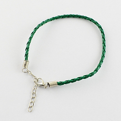 Green Trendy Braided Imitation Leather Bracelet Making, with Iron Lobster Claw Clasps and End Chains, Green, 200x3mm