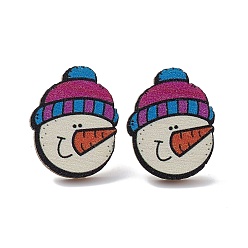 Snowman Christmas Printed Wooden Stud Earrings, with 316 Stainless Steel Pins for Women, Snowman, 18x23mm, Pin: 0.7mm