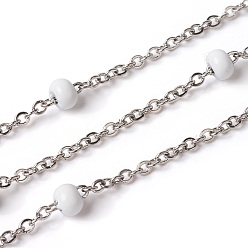 White 304 Stainless Steel Cable Chains, Satellite Chains, with Enamel, Soldered, with Spool, Flat Oval, White, 2.4x2x0.4mm, Beads: 4mm, about 32.8 Feet(10m)/roll