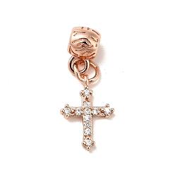Rose Gold Rack Plating Brass Micro Pave Clear Cubic Zirconia Pendants, Long-Lasting Plated, Cadmium Free & Lead Free, Cross, Rose Gold, 24.5mm, Hole: 2.5mm