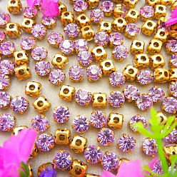Violet Flat Round Sew on Rhinestone, Glass Crystal Rhinestone, Multi-Strand Links, with Brass Prong Setting, Violet, 4mm, about 1400~1440pcs/bag