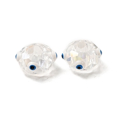 Blanco Granos europeos de cristal transparente, abalorios de grande agujero, con esmalte, facetados, rondelle con patrón de mal de ojo, blanco, 14x8 mm, agujero: 6 mm
