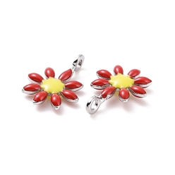 Red 304 Stainless Steel Charms, with Enamel, Stainless Steel Color, Flower, Red, 10x7.5x2mm, Hole: 1mm