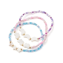 Couleur Mélangete 3 pcs 3 ensemble de bracelets extensibles en perles de style étoile, lune, papillon et graines, couleur mixte, diamètre intérieur: 2-1/8 pouce (5.3 cm), 1 pc / style