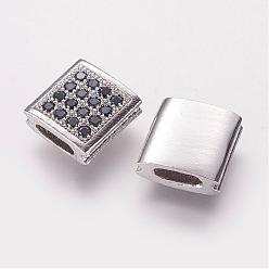 Platinum Brass Micro Pave Cubic Zirconia Beads, Square, Platinum, 9x9x3.5mm, Hole: 2x5mm