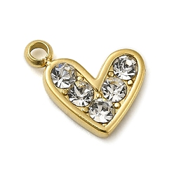 Heart 316 Surgical Stainless Steel Pendant with Rhinestone, Real 18K Gold Plated, Heart, 8x9.5x2mm, Hole: 1.4mm