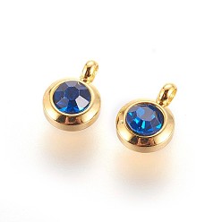 Cobalt 304 Stainless Steel Rhinestone Charms, July Birthstone Charms, Flat Round, Cobalt, 9.3x6.5x4mm, Hole: 2mm