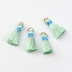 Aquamarine Nylon Thread Tassel Pendant Decorations, with Golden Iron Jump Rings, Random Color Binding Threads, Aquamarine, 13~16mm