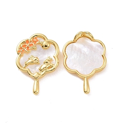 Real 18K Gold Plated Natural Shell Brass Pendants, Mirror Charm with Flower & Rabbit, Real 18K Gold Plated, 24x16x5.5mm, Hole: 2.8x2mm