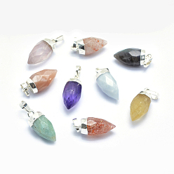 Silver Natural Gemstone Pointed Pendants, with Brass Findings, Faceted, Bullet, Silver Color Plated, 20~21x8.5~9mm, Hole: 3x5mm