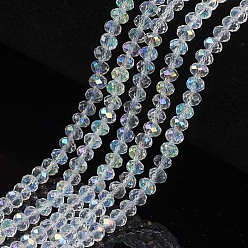Clear Electroplate Glass Beads Strands, Half Rainbow Plated, Faceted, Rondelle, Clear, 6x5mm, Hole: 1mm, about 85~88pcs/strand, 16.1~16.5 inch(41~42cm)