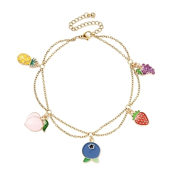Blueberry Alloy Enamel Fruit Charm Anklet, with Ion Plating(IP) Light Gold 304 Stainless Steel Cable Chains, Blueberry, 8-1/4 inch(21cm)