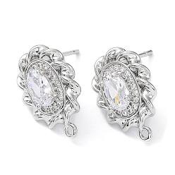 Real Platinum Plated Brass with Glass Stud Earring Finding, with Horizontal Loop, Flower, Real Platinum Plated, 16x11.5mm, Hole: 1mm, Pin: 0.7mm