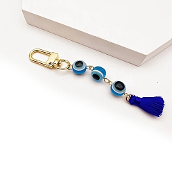 Deep Sky Blue Handmade Evil Eye Lampwork Beads Pendant Decorations, with Metal Clasp and Tassel Pendant, Deep Sky Blue, 105~115mm
