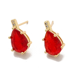 Red Cubic Zirconia Teardrop Stud Earrings, Rack Plating Real 18K Gold Plated Brass Jewelry for Women, Cadmium Free & Lead Free, Red, 15x8.5mm, Pin: 1mm