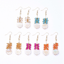 Mixed Color Dangle Earrings, Cluster Earrings, with Faceted Glass Beads, Natural Freshwater Shell and Brass Earring Hooks, Scallop Shape, Mixed Color, 61mm