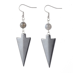 Labradorite Natural Labradorite Dangle Earrings, with Non-magnetic Hematite Pendants and 304 Stainless Steel Earring Hooks, Triangle and Round, 74~75mm, Pin: 0.7mm