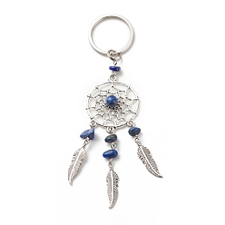 Lapis Lazuli Natural Lapis Lazuli Keychain, with Iron, 304 Stainless Steel & Alloy Findings, Woven Net/Web with Feather, 11.4~11.8cm