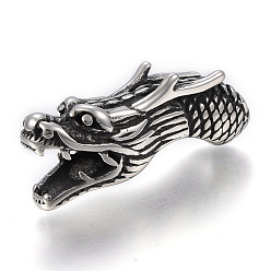 Antique Silver 304 Stainless Steel Beads, For Leather Cord Bracelets Making, Dragon Head, Antique Silver, 37x11x15mm, Hole: 6.5mm