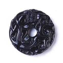 Обсидиан Натуральный черный обсидиан подвески, резьба Kylin, плоско-круглые, 46.5x10.5 мм, отверстие : 1.5 мм