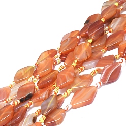 Orange Foncé Agate à bandes naturelles / brins de perles d'agate à rayures, teints et chauffée, losange, orange foncé, 24~28x16~18x5~7mm, Trou: 1.8mm, Environ 13 pcs/chapelet, 16.93 pouce (43 cm)