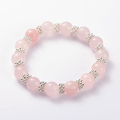 Rose Quartz Valentine's Day Charming Natural Gemstone Beaded Stretch Bracelets, with Alloy Snowflake Beads, Rose Quartz, 56mm