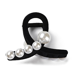 Black Flocking Plastic Claw Hair Clip, with Plastic Imitation Pearls, for Women Girls Thick Hair, Black, 82x60x47mm