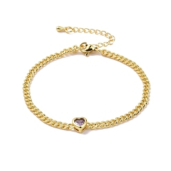Pourpre Bracelet à maillons cœur en zircon cubique avec chaînes gourmettes, bijoux en laiton plaqué or pour femme, sans cadmium et sans plomb, pourpre, 7-1/4 pouce (18.5 cm)