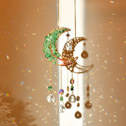 Green Aventurine Natural Green Aventurine Chip & Brass Moon Hanging Suncatcher Pendant Decoration, Crystal AB Teardrop Glass Prism Pendants, 320x85mm