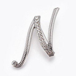 Platinum Alloy Brooches, with Rhinestone, Letter, Letter.N, Platinum, 51x42x3.5mm, Pin: 1mm