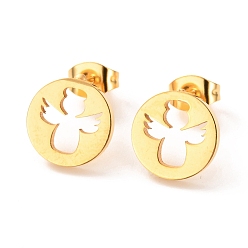 Golden Ion Plating(IP) 304 Stainless Steel Stud Earrings, Flat Round with Angel, Golden, 11mm, Pin: 0.8mm