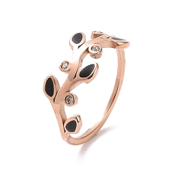 Rose Gold Crystal Rhinestone Leaf Finger Ring with Enamel, Ion Plating(IP) 304 Stainless Steel Jewelry for Women, Rose Gold, US Size 6~9(16.5~18.9mm)