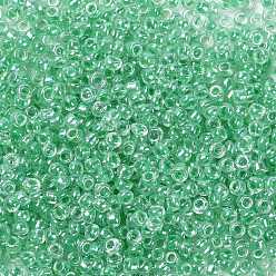 Verde 12/0 perlas de cristal de la semilla, transparente interior colores lustre, agujero redondo, rondo, verde, 12/0, 2~2.5x1.5~2 mm, agujero: 0.8 mm, sobre 30000 unidades / bolsa
