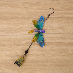 Dodger Blue Dragonfly Glass Wind Chimes, Pendant Decorations, with Iron Findings, Dodger Blue, 380x105mm