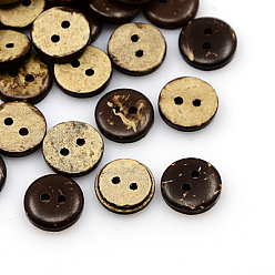 Кокосово-Коричневый Кокосовое кнопки, 2-луночное, плоско-круглые, кокосового коричневый, 11x3 мм, отверстие : 1 мм