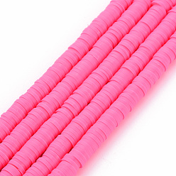 Ярко-Розовый Ручной полимерные нити глины шарик, Heishi бусы, Диск / плоские круглые, ярко-розовый, 6x0.5~1 мм, отверстие : 2 мм, около 320~447 шт / нитка, 15.74 дюйм ~ 16.92 дюйм