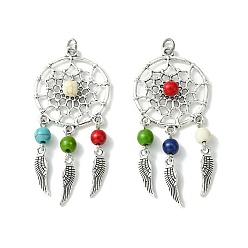 Wing Synthetic Turquoise Dyed Big Pendants, Antique Silver Plated Alloy Woven Web/Net Charms, Mixed Color, Wing, 61.5x28x6.5~7mm, Hole: 3.5mm