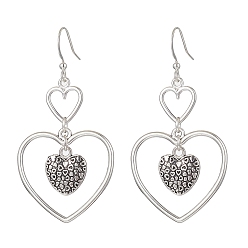 Heart Heart Alloy Dangle Earrings, Brass Earring for Women, Heart, 58x29.5mm