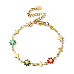 Colorido Pulsera de cadena con eslabones cruzados y flores esmaltadas, con flor de color aleatorio, chapado en oro 304 joyas de acero inoxidable para mujer, colorido, 6-5/8 pulgada (16.9 cm)